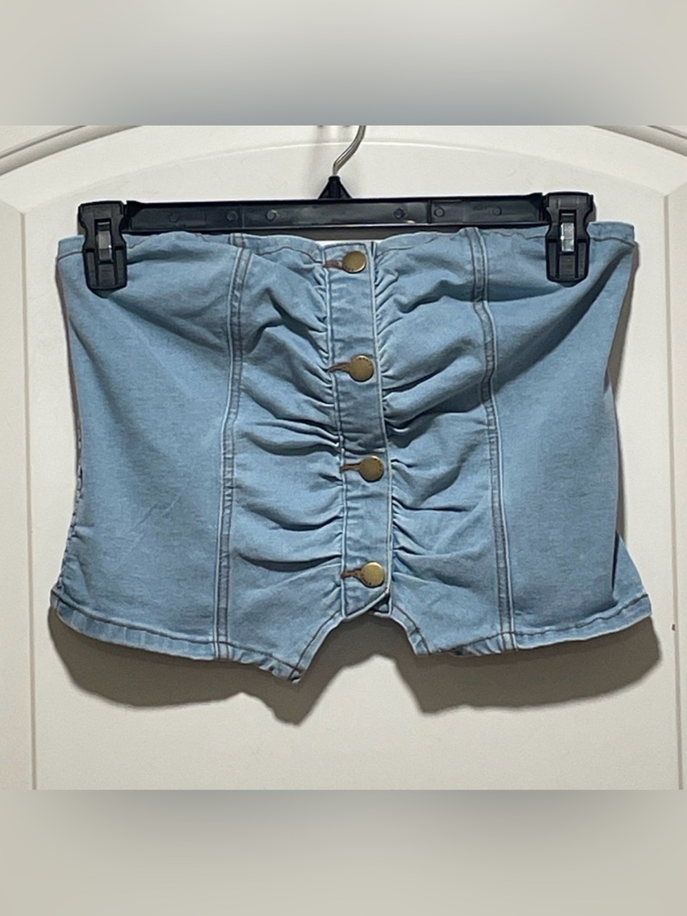 💙 Concert Ready! XL Lt Blue Ruched Denim Button-Front Coastal Cow Girl Stretch